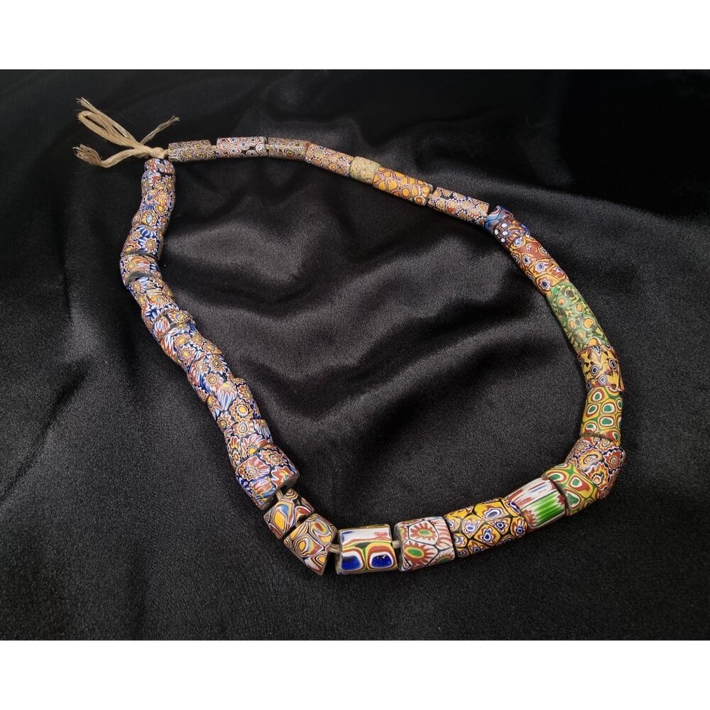 Antique African Millefiori Trade Bead Necklace Handmade Glass Beads On Cord Vibr